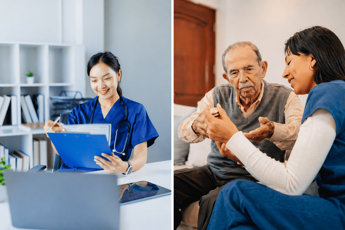 CNA vs HHA side by side — certified nurse assistant reviewing patient notes in a clinic and home health aide assisting elderly patient at home
